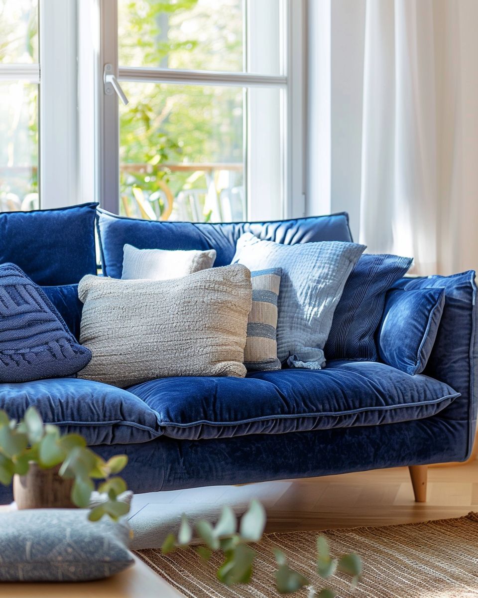 Wohnzimmer-Ideen mit blauem Sofa- Arrangiere Kissen in verschiedenen Blauschattierungen