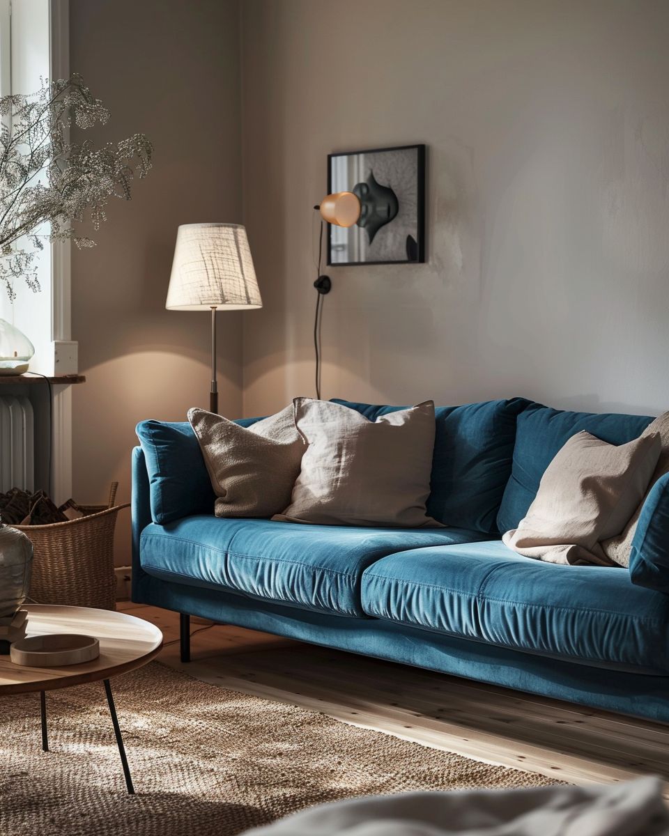 Wohnzimmer-Ideen mit blauem Sofa- Erhelle den Raum mit warmem Licht