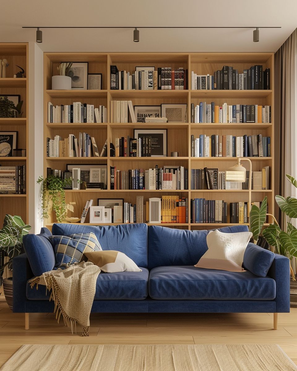 Wohnzimmer-Ideen mit blauem Sofa- Ordne Bücherregale in harmonischen Farben an