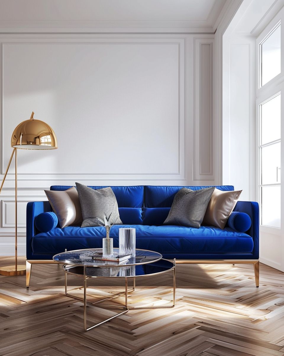 Wohnzimmer-Ideen mit blauem Sofa- Platziere Accessoires aus Metall für Glanz