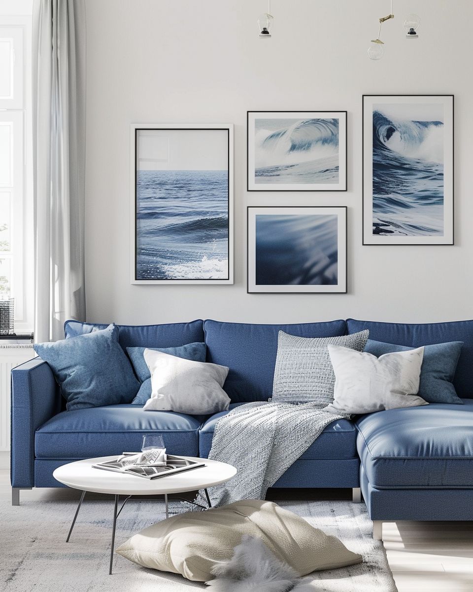 Wohnzimmer-Ideen mit blauem Sofa- Schmücke mit Bildern in Blau-Weiß-Thematik