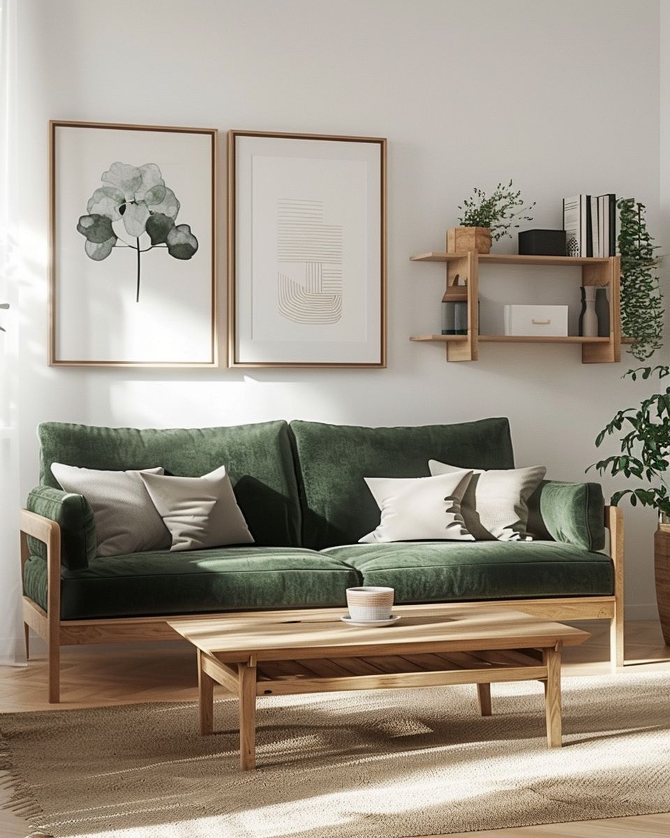 Wohnzimmer-Ideen mit grünem Sofa- Arrangiere Holzmöbel für natürlichen Kontrast