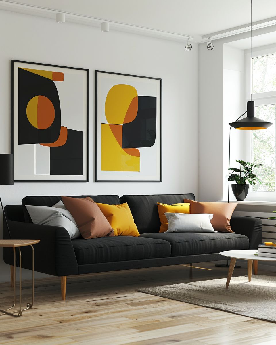 Wohnzimmer-Ideen mit schwarzem Sofa- Experimentiere mit Kunst an der Wand