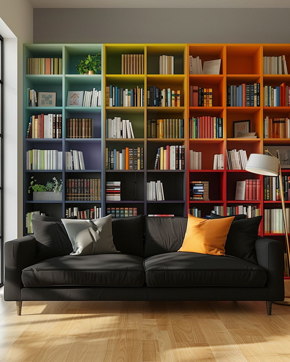 Wohnzimmer-Ideen mit schwarzem Sofa- Ordne Bücher farblich für Struktur