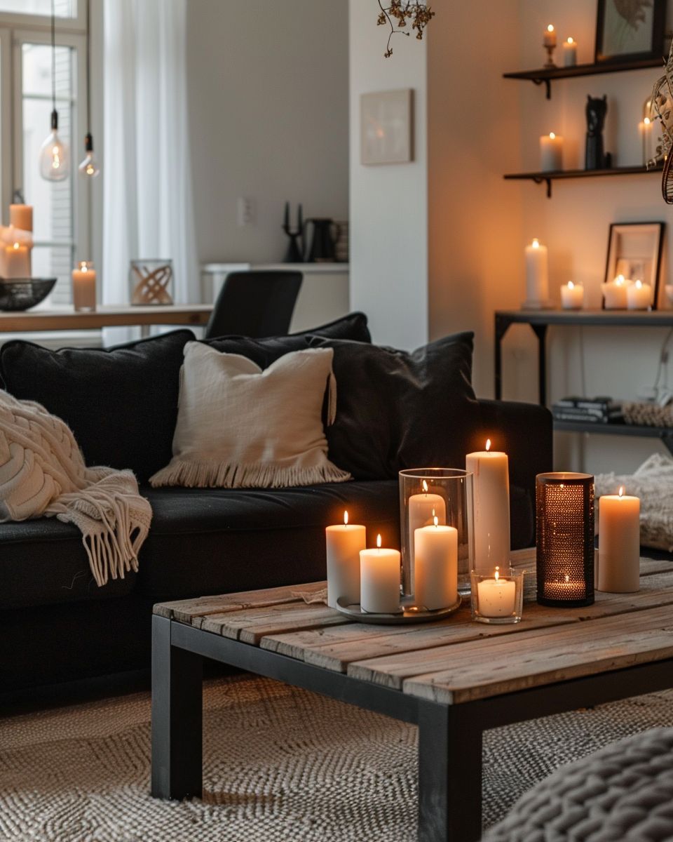 Wohnzimmer-Ideen mit schwarzem Sofa- Präsentiere Kerzen für einladendes Ambiente