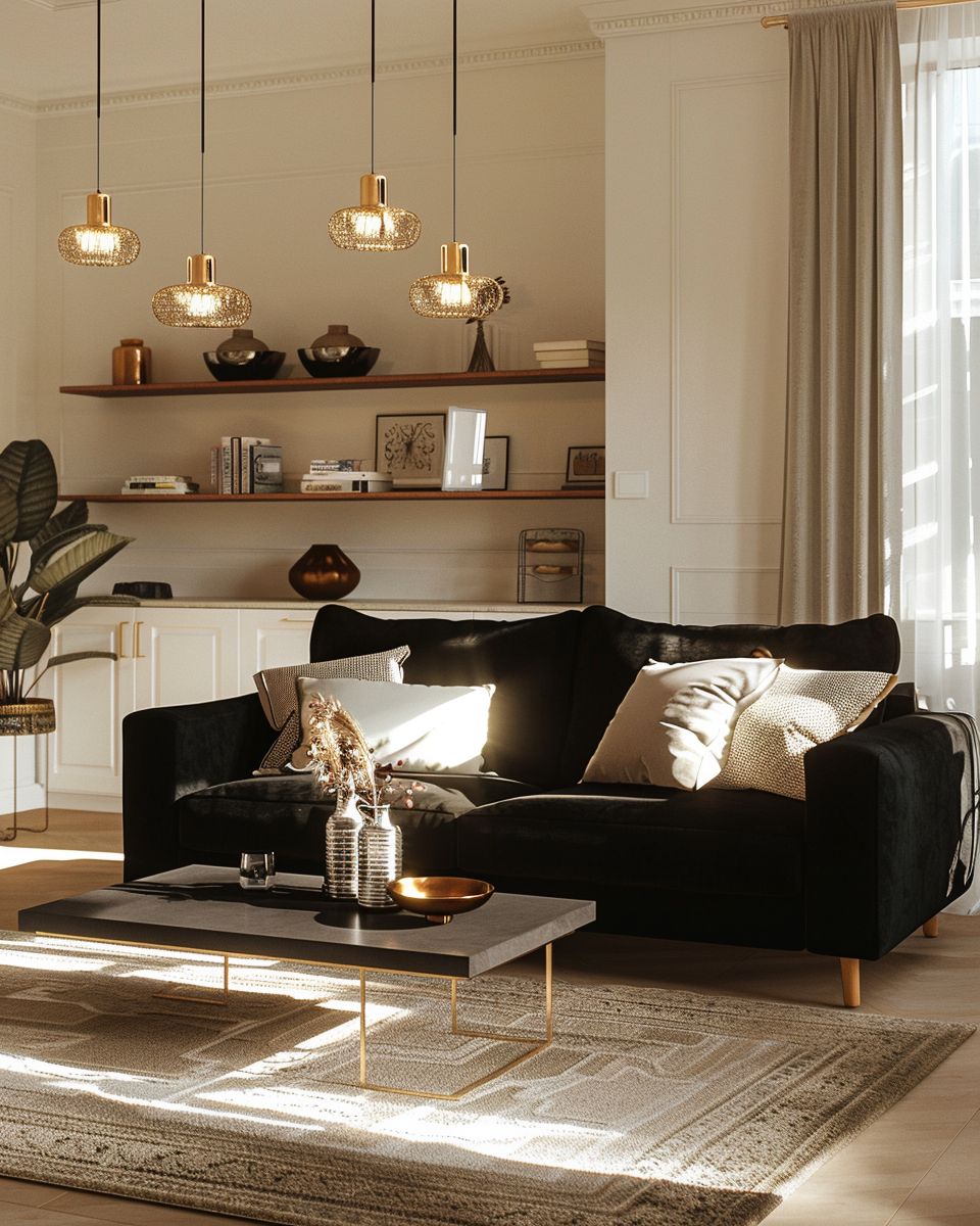 Wohnzimmer-Ideen mit schwarzem Sofa- Verteile Metallelemente für edle Highlights.