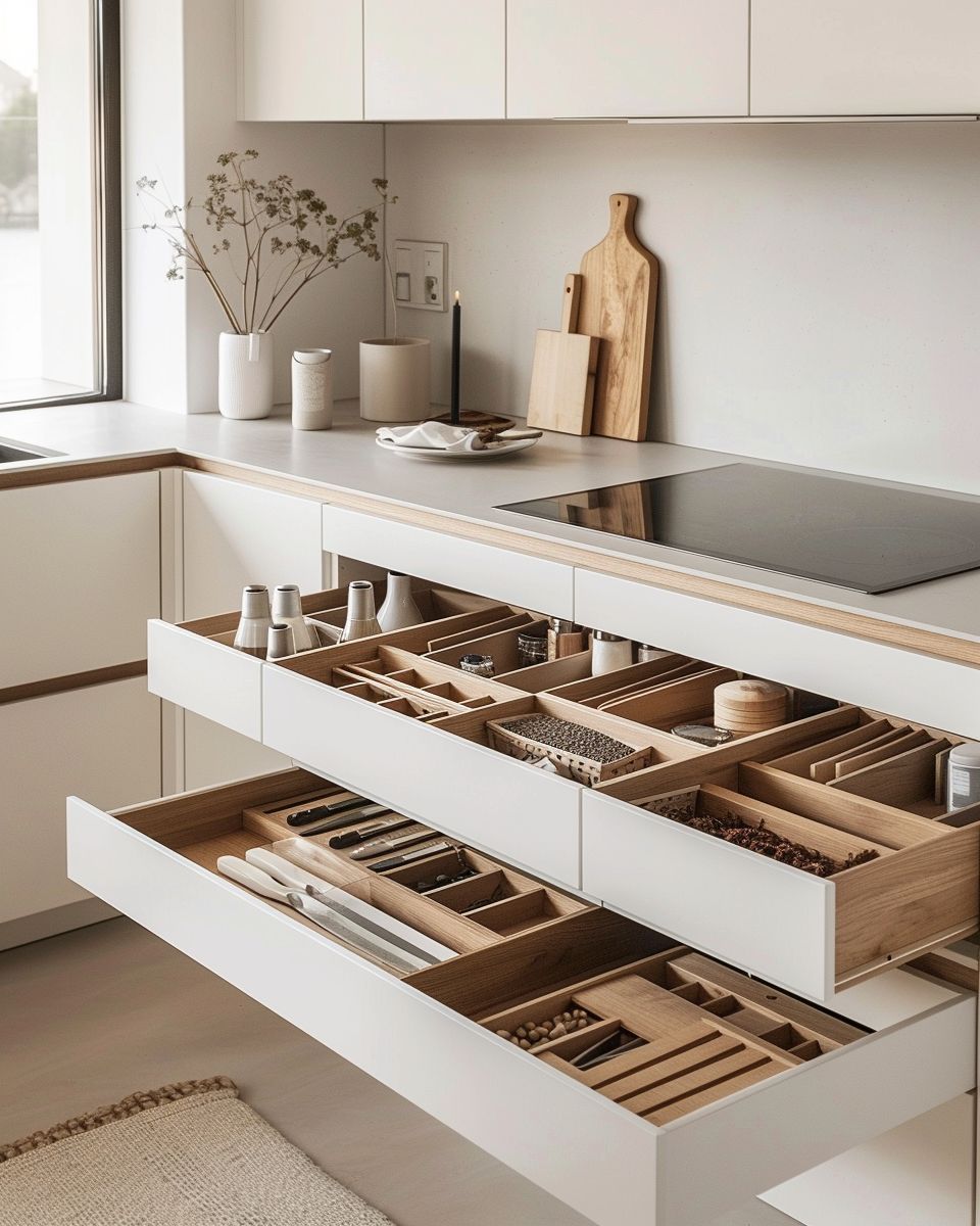 Ideen: Minimalistische Küche einrichten- Organisiere deine Schubladen nach Kategorien