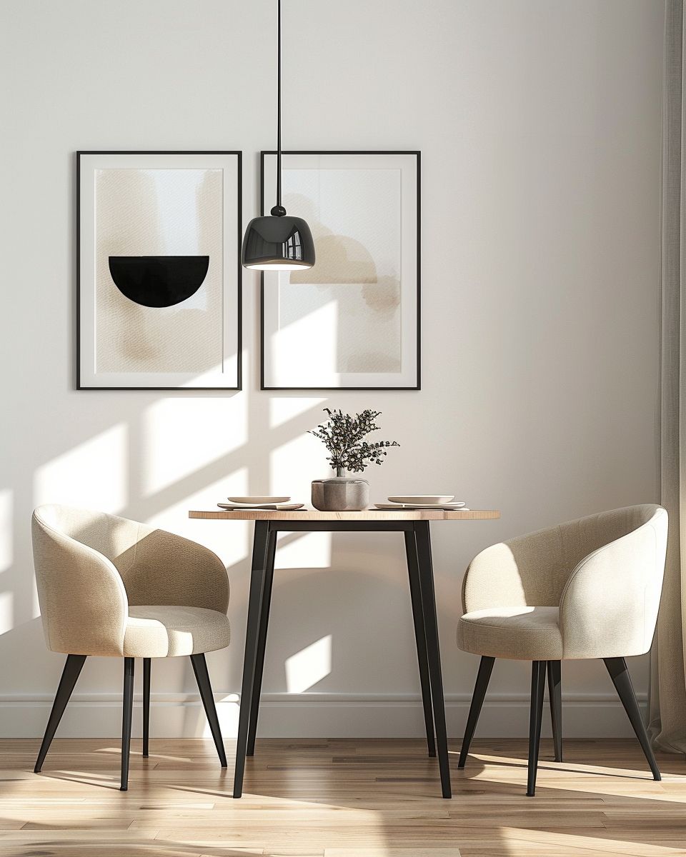 Ideen: kleines Esszimmer einrichten- Betone Wände mit schmalen Kunstwerken