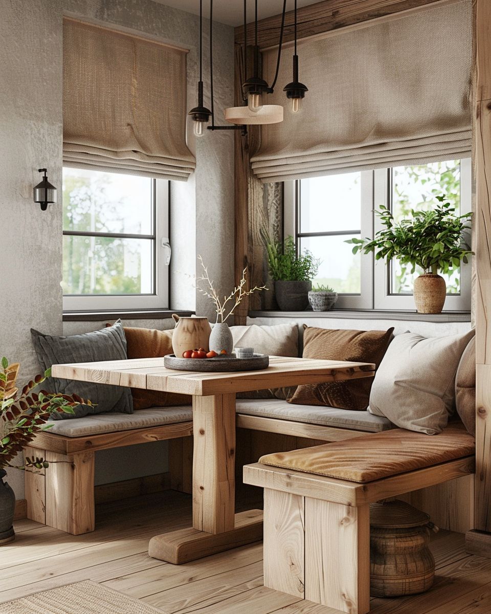 Inspiration: Esszimmer mit Eckbank-Kombiniere Holz und Stoff für Kontraste