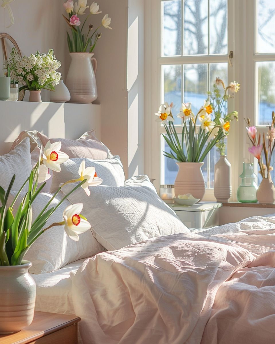 Frühlingsdeko-Ideen fürs Schlafzimmer- Platziere Keramikvasen mit Frühlingsblumen