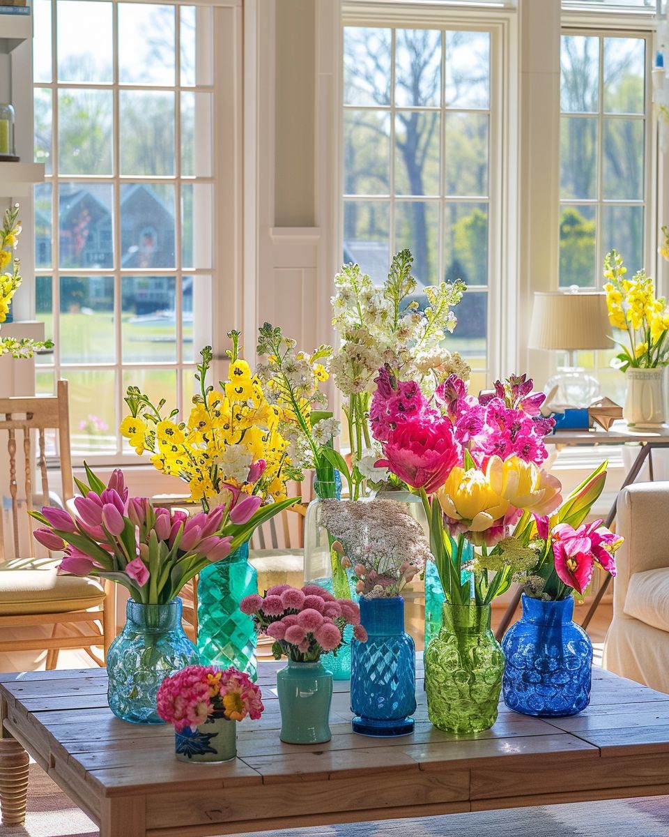 Wohnzimmer sommerlich dekorieren-Bring frische Blumen in bunte Vasen ein