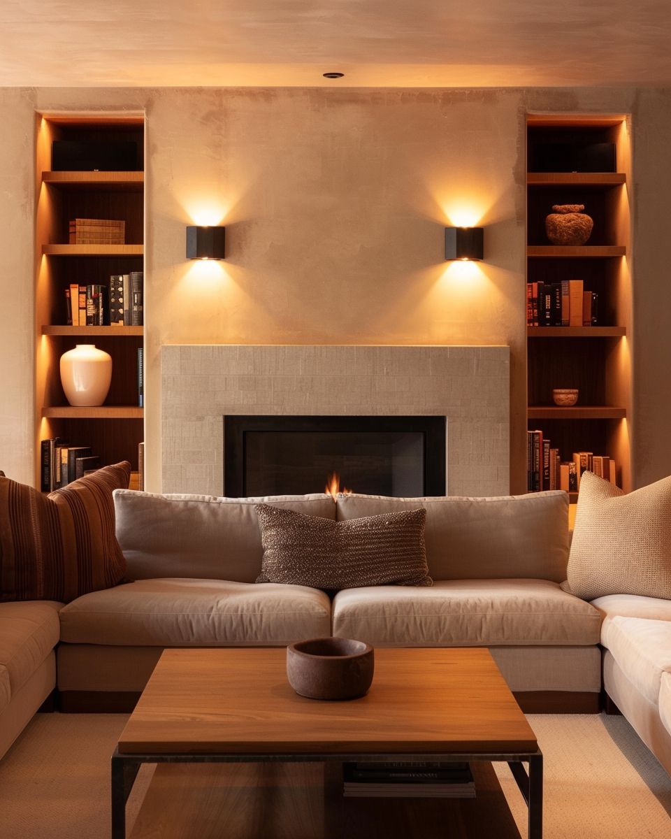 Ideen für Wandleuchten im Wohnzimmer- Installiere symmetrische Leuchten für harmonisches Design