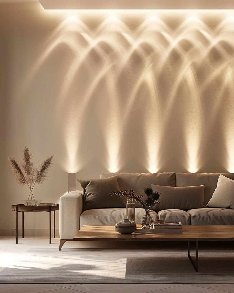 Ideen für Wandleuchten im Wohnzimmer- Setze auf Wandfluter für sanfte Lichtverläufe