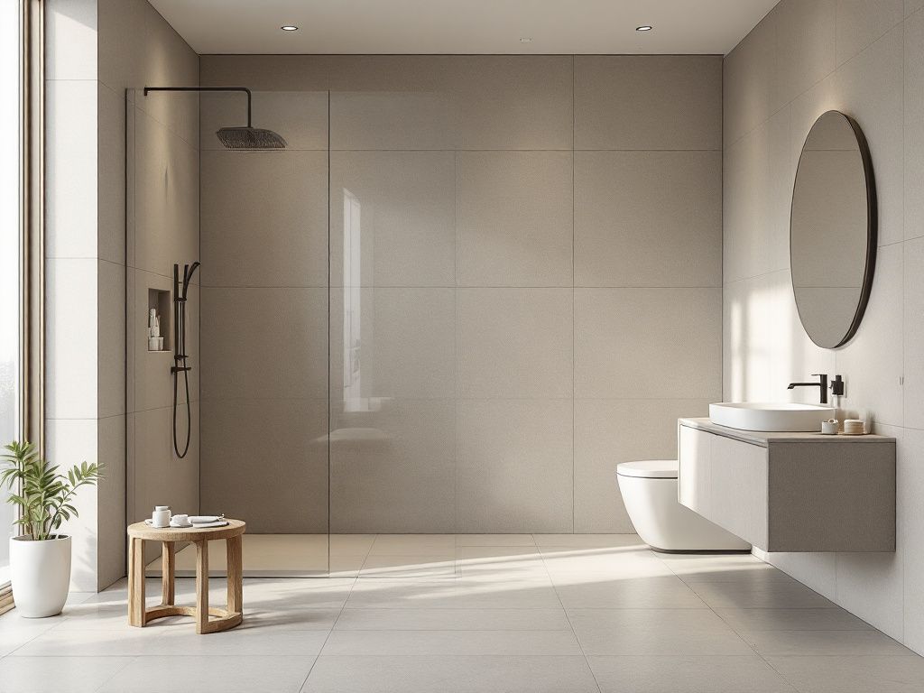 Ideen für moderne Badezimmer- Wähle großformatige Fliesen für ein ruhiges Design