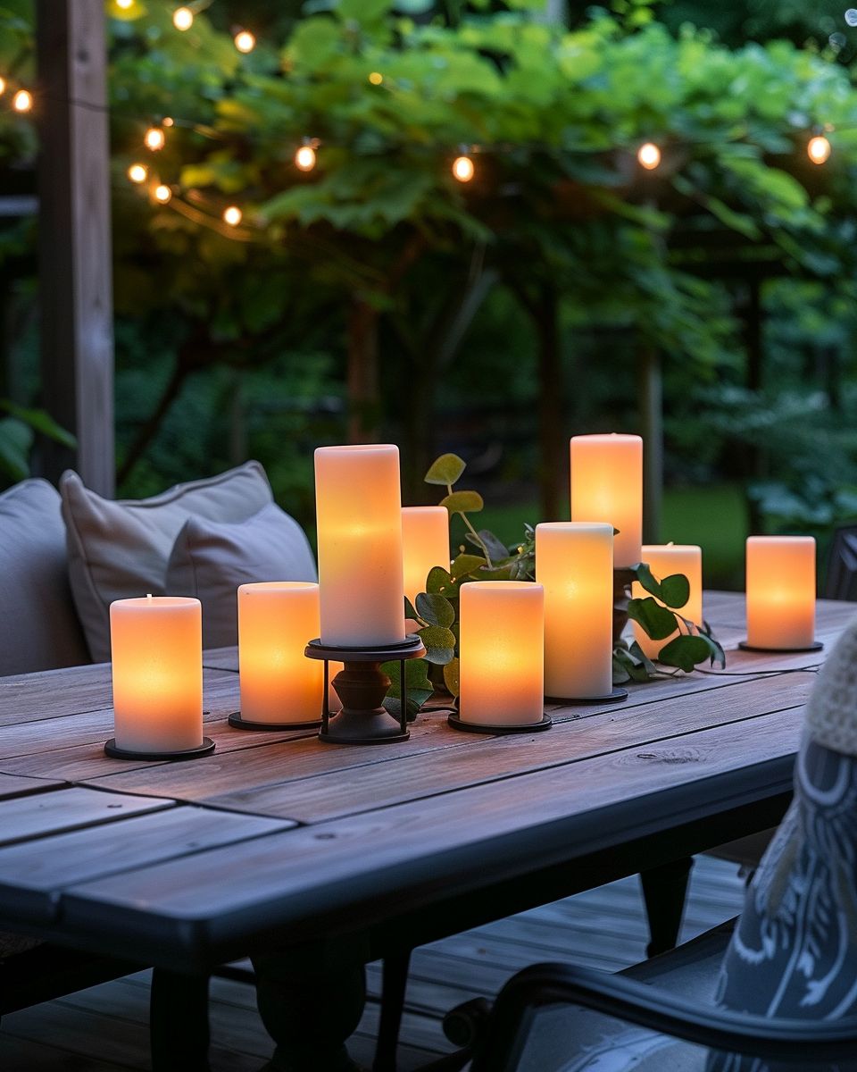 Ideen und Inspiration für Gartenbeleuchtung- Stelle wetterfeste LED-Kerzen auf den Gartentisch