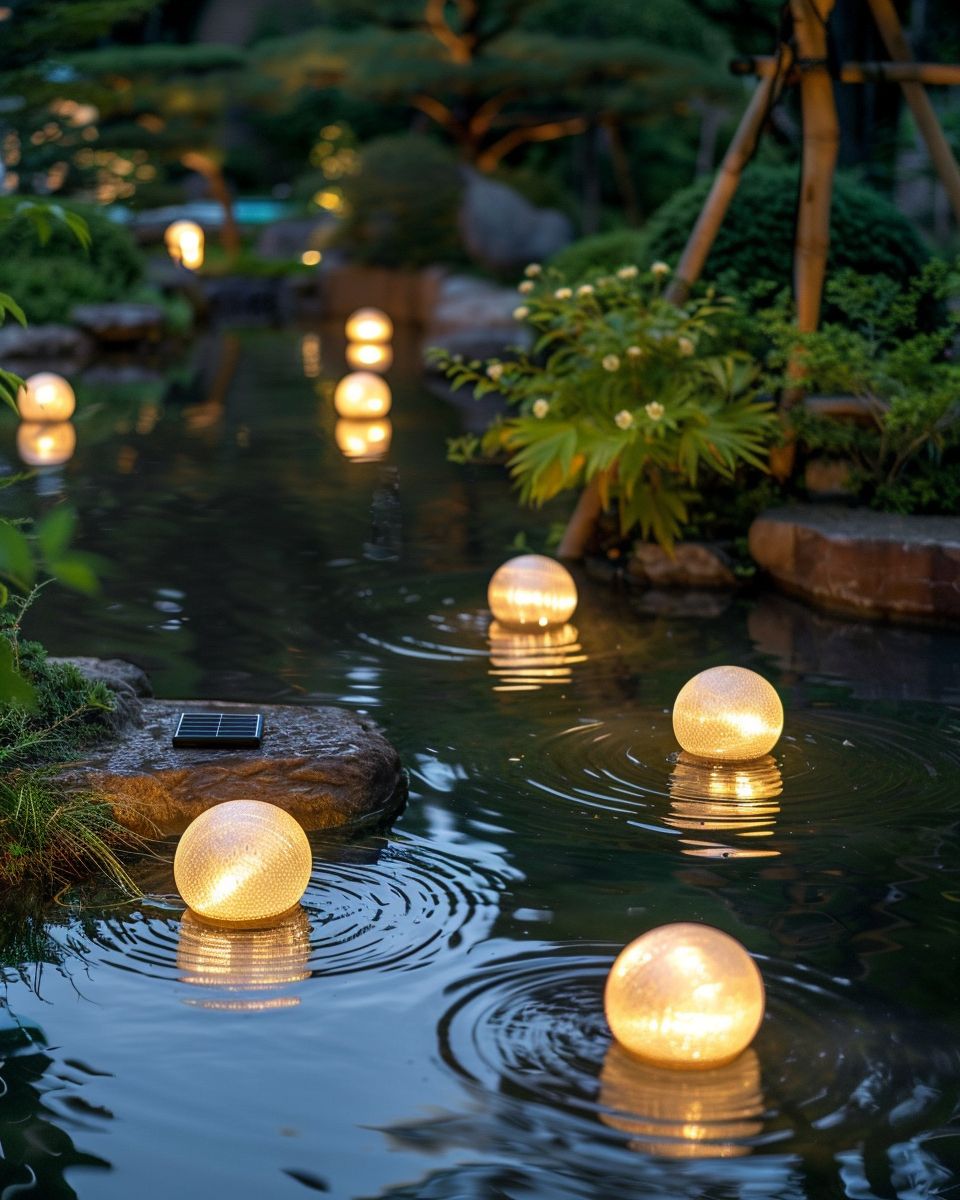 Ideen und Inspiration für Gartenbeleuchtung- Verwende schwimmende Kugelleuchten für den Teich
