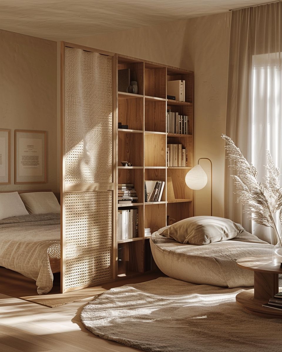 Bett im Wohnzimmer integrieren-
3. Integriere Raumteiler für eine gemütliche Ecke