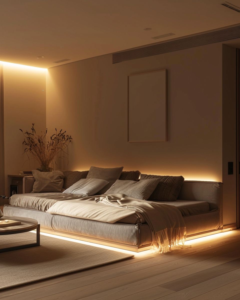 Bett im Wohnzimmer integrieren-
5. Beleuchte dein Bett mit indirektem Licht