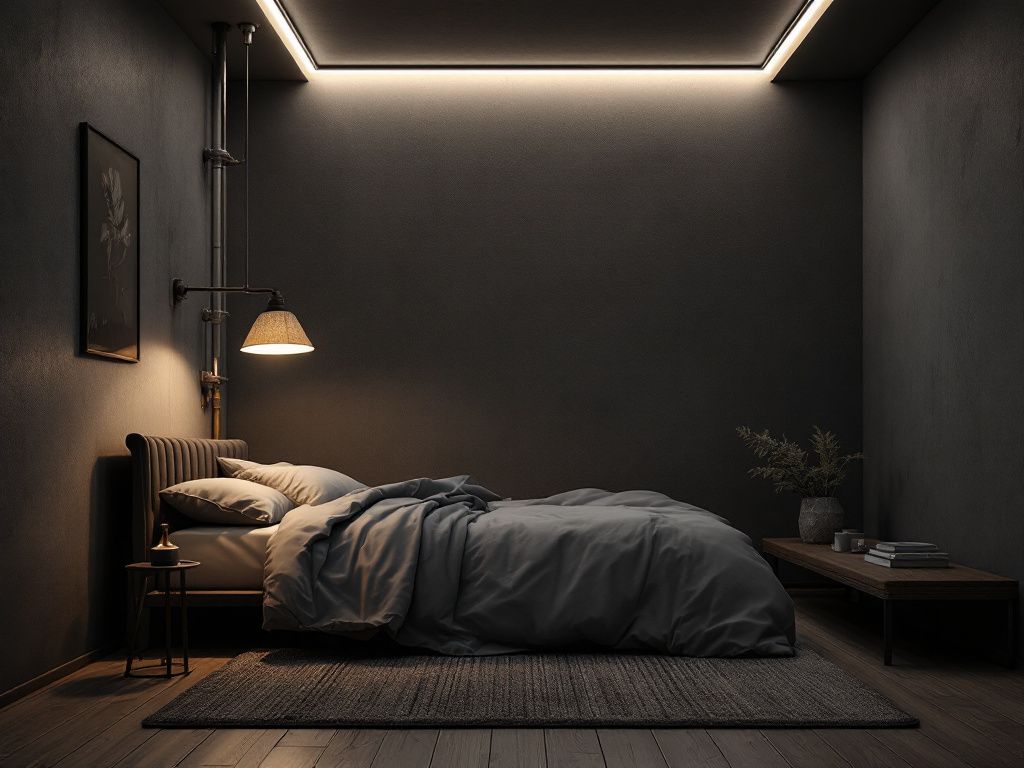 Grunge Schlafzimmer einrichten-Kombiniere dunkle Farben mit warmem Licht