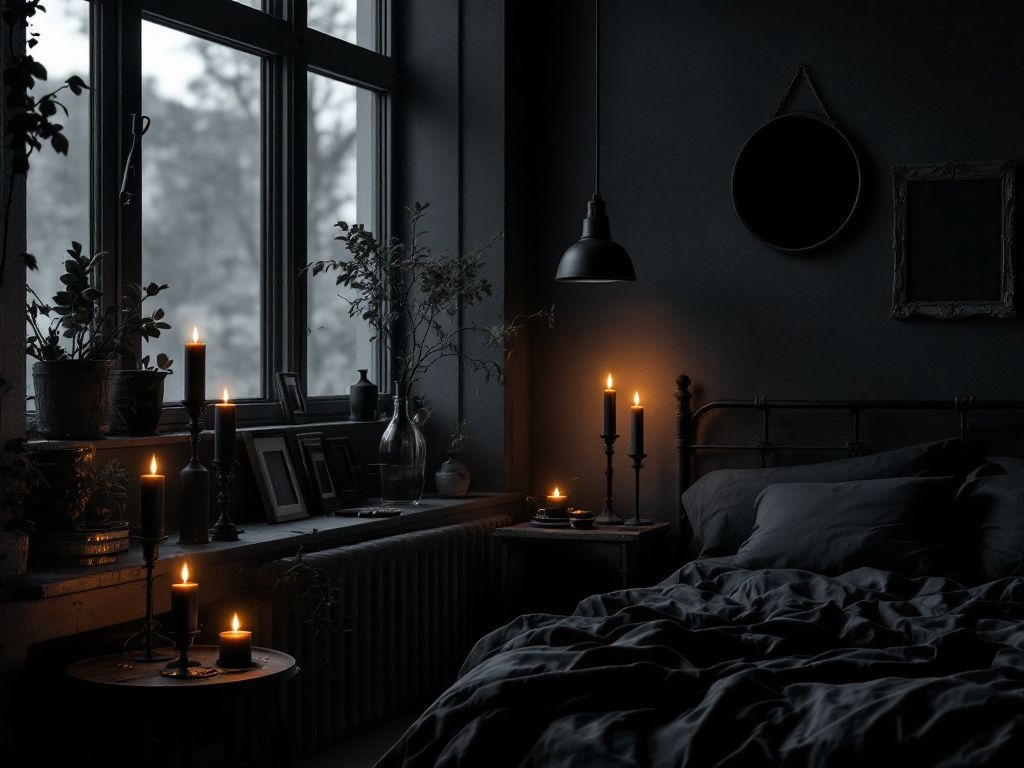 Grunge Schlafzimmer einrichten- Dekoriere mit Kerzen und schwarzen Accessoires