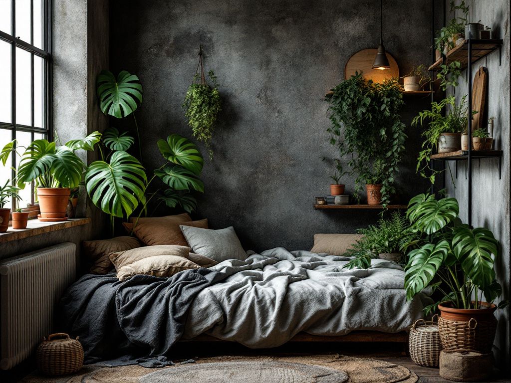 Grunge Schlafzimmer einrichten- Platziere Pflanzen für einen soften Ausgleich