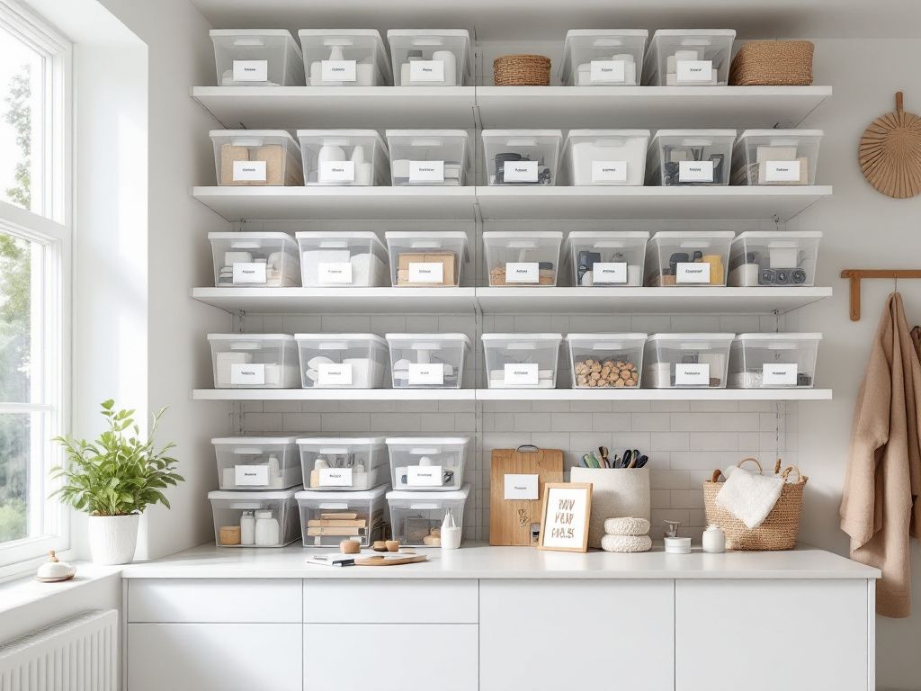Hauswirtschaftsraum einrichten- Verwende stapelbare Boxen für mehr Ordnung
