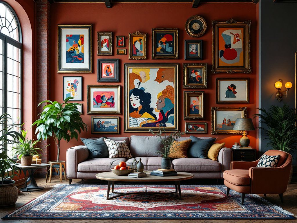 Ideen für eklektisches Wohnzimmer- Arrangiere Kunstwerke in unterschiedlichen Rahmen