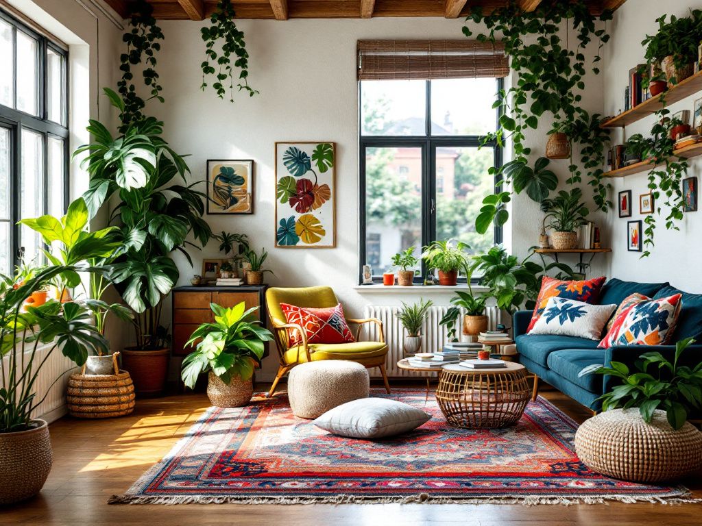 Ideen für eklektisches Wohnzimmer- Ergänze Pflanzen für lebendige Akzente