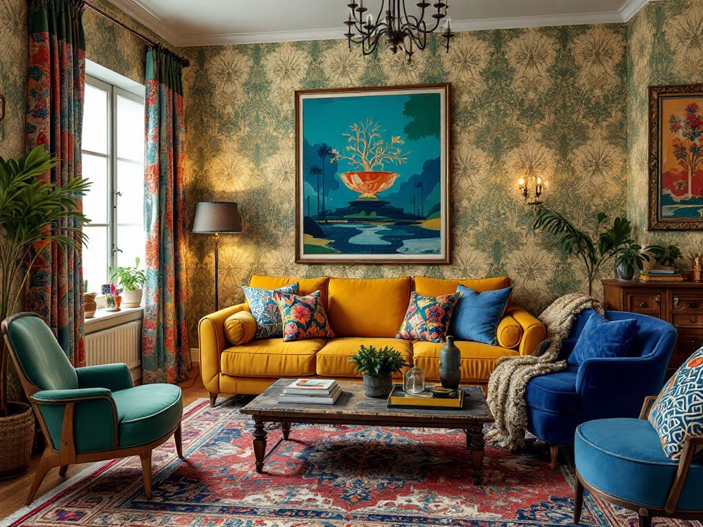 Ideen für eklektisches Wohnzimmer- Setze auf kräftige Farben und Muster