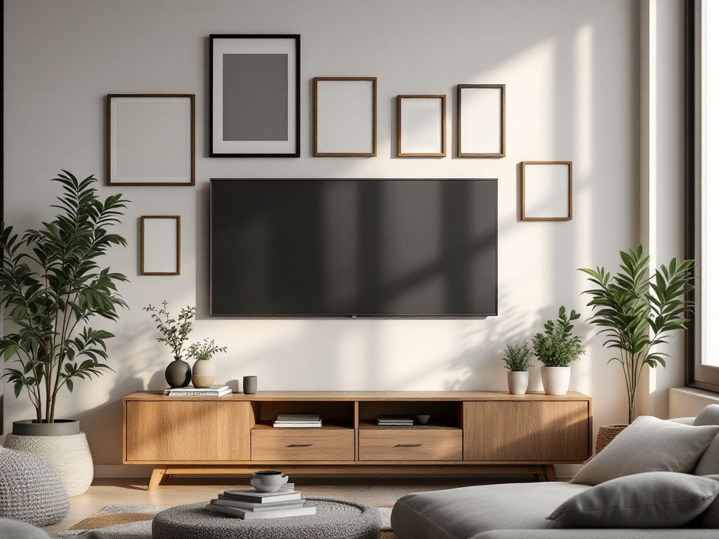 TV-Wand-Ideen für das Wohnzimmer- Arrangiere Bilderrahmen harmonisch um den Fernseher