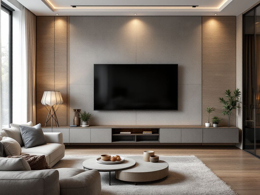 TV-Wand-Ideen für das Wohnzimmer- Dekoriere mit Texturen für mehr Tiefe.