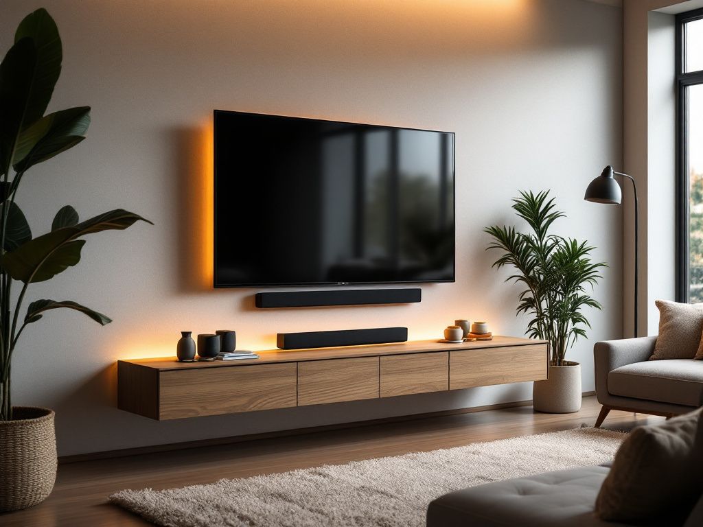 TV-Wand-Ideen für das Wohnzimmer- Ergänze eine Soundbar für klaren Ton
