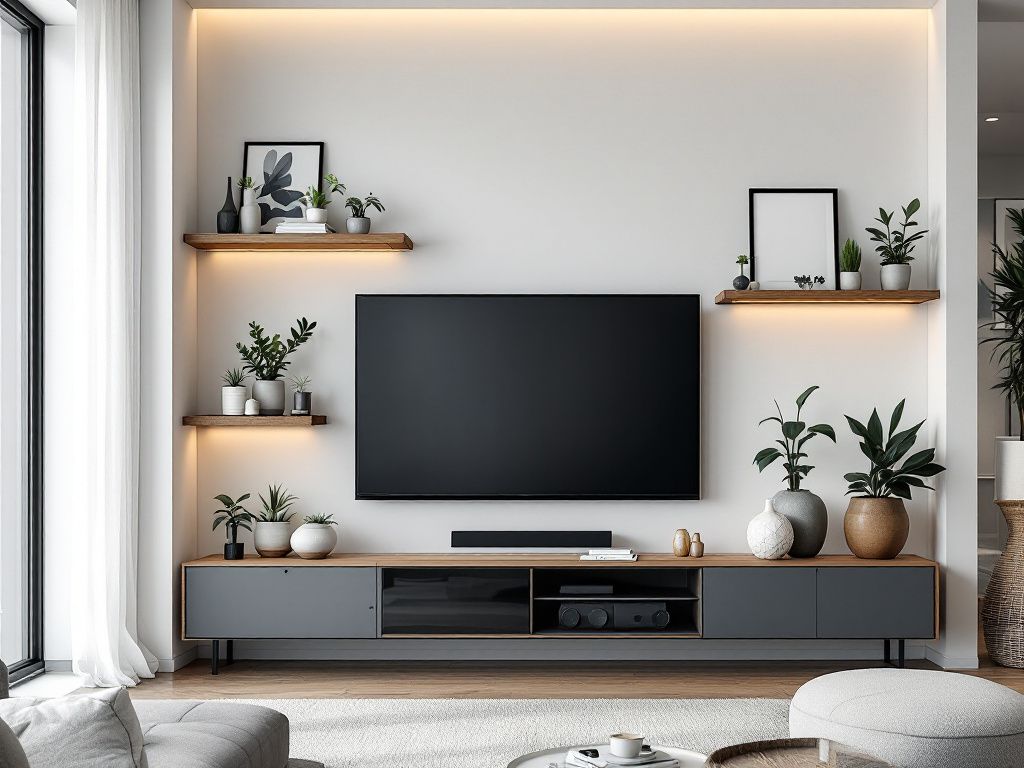 TV-Wand-Ideen für das Wohnzimmer- Hänge schmale Regale für stilvolle Deko auf