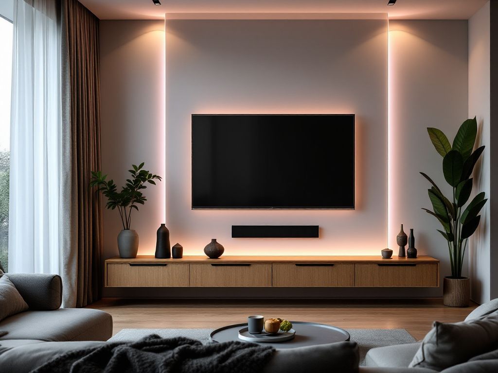 TV-Wand-Ideen für das Wohnzimmer- Integriere LED-Streifen für indirekte Beleuchtung