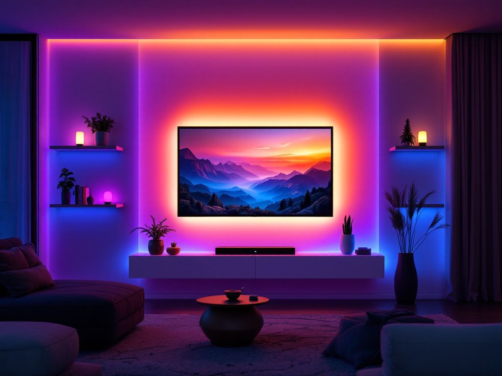 TV-Wand-Ideen für das Wohnzimmer- Integriere smarte Beleuchtung für verschiedene Stimmungen