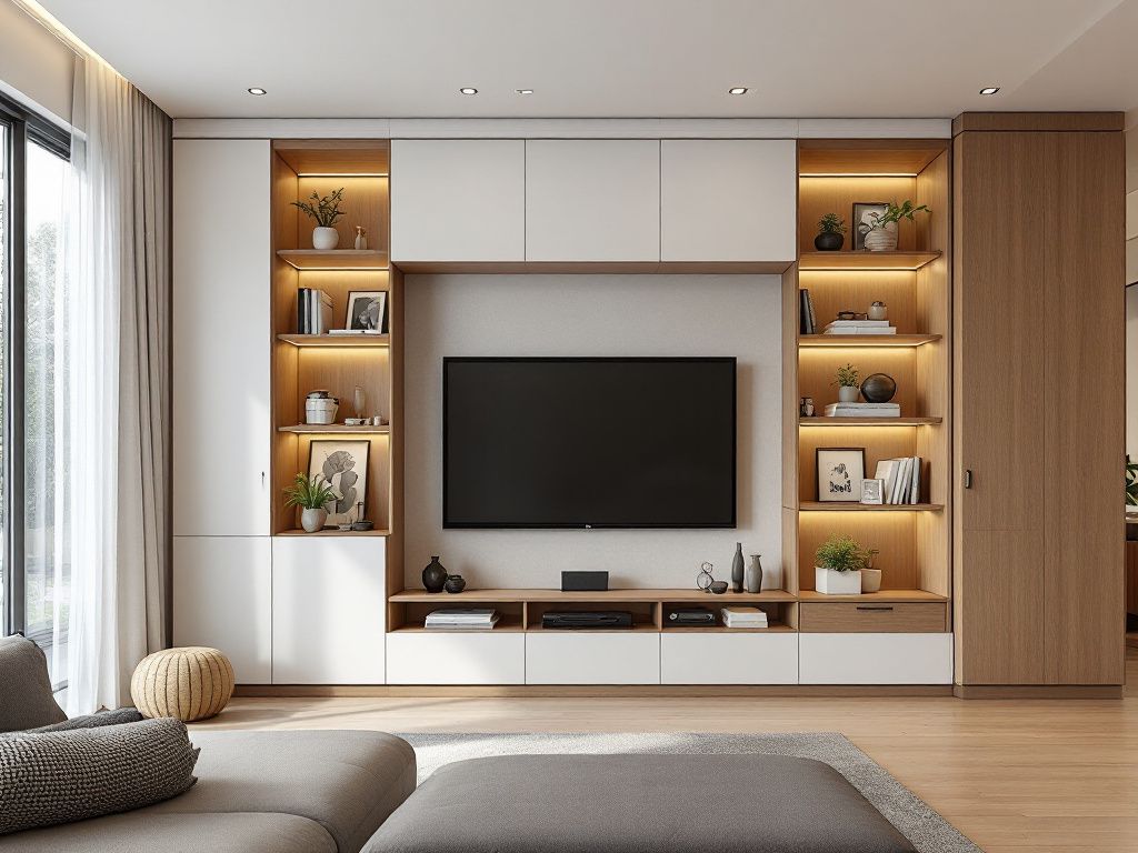 TV-Wand-Ideen für das Wohnzimmer- Kombiniere offene und geschlossene Stauraumlösungen