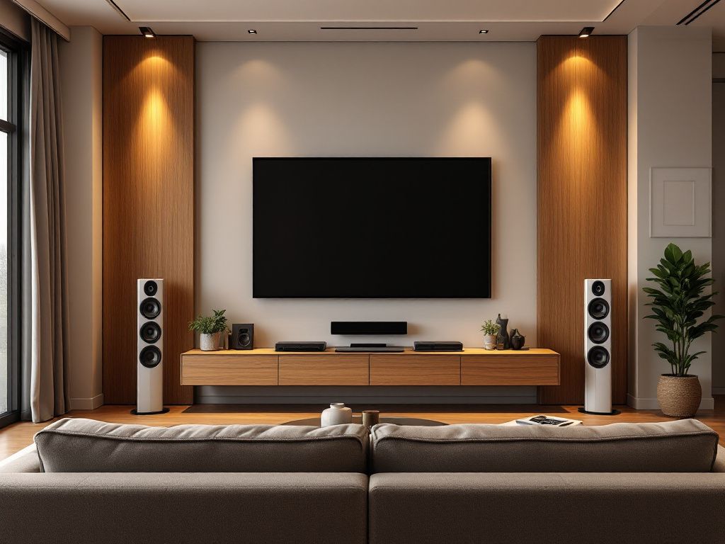 TV-Wand-Ideen für das Wohnzimmer- Ordne Lautsprecher symmetrisch für besseren Klang