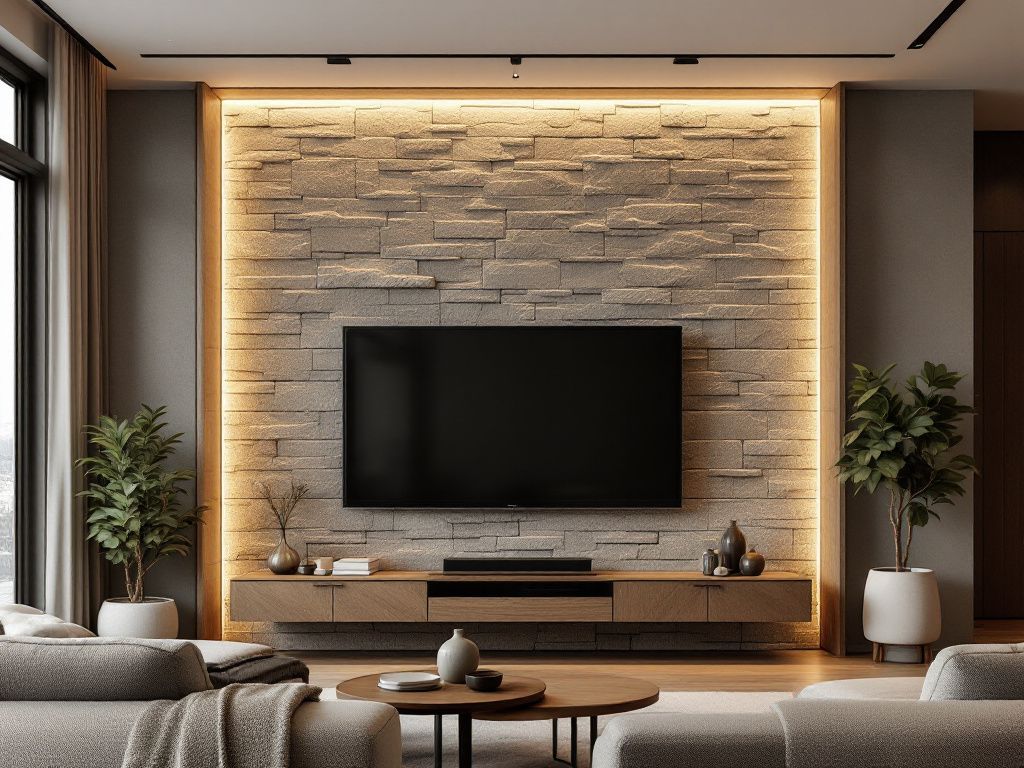 TV-Wand-Ideen für das Wohnzimmer- Setze auf eine Steinwand für Natürlichkeit