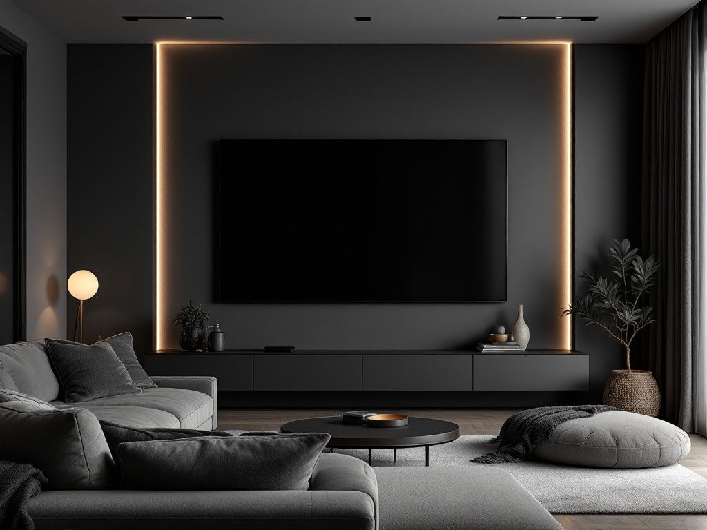 TV-Wand-Ideen für das Wohnzimmer- Verwende dunkle Wandfarben für Kino-Atmosphäre