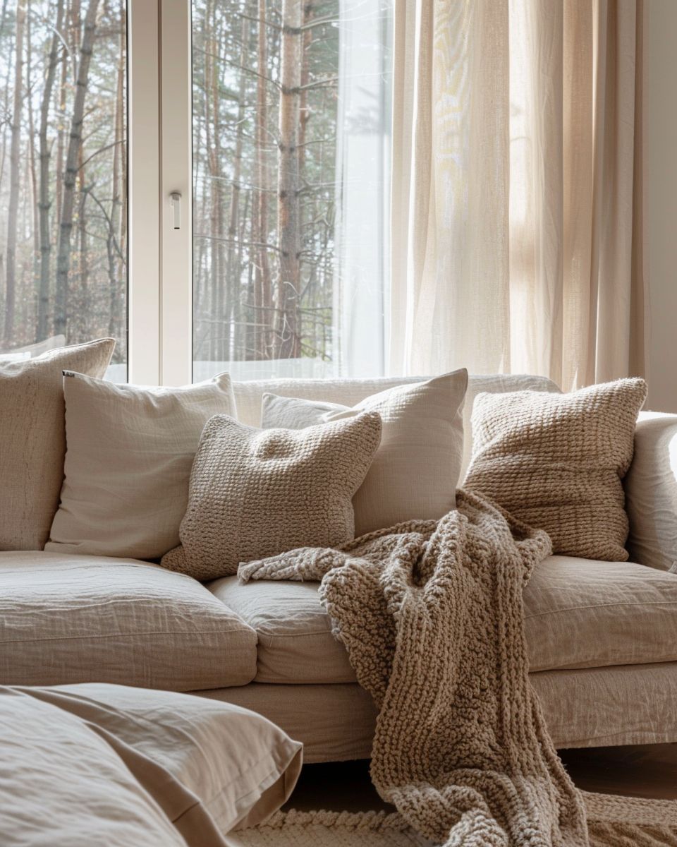 Wohnzimmer in Beige- Bringe Struktur mit verschiedenen Stoffen ein