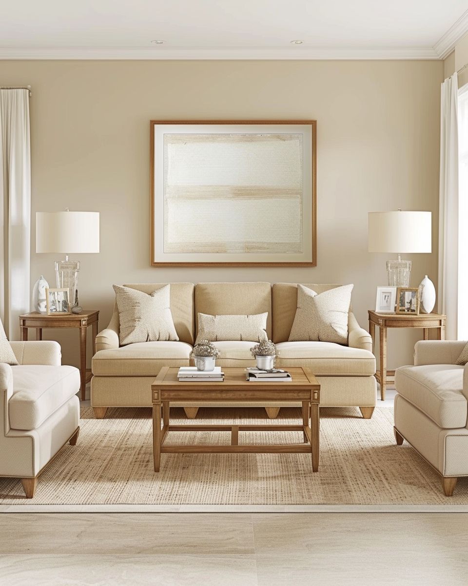 Wohnzimmer in Beige- Ordne Möbel symmetrisch für Balance