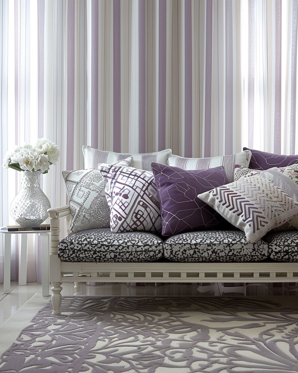 Wohnzimmer in Lila- Probiere Muster in Lila und Weiß