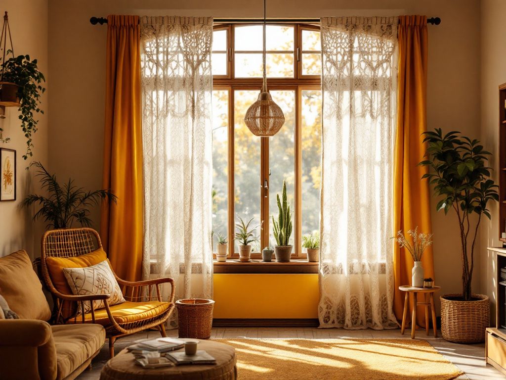 Ideen: Einrichten im 70er-Jahre-Stil- Schmücke Fenster mit grobem Häkelvorhang