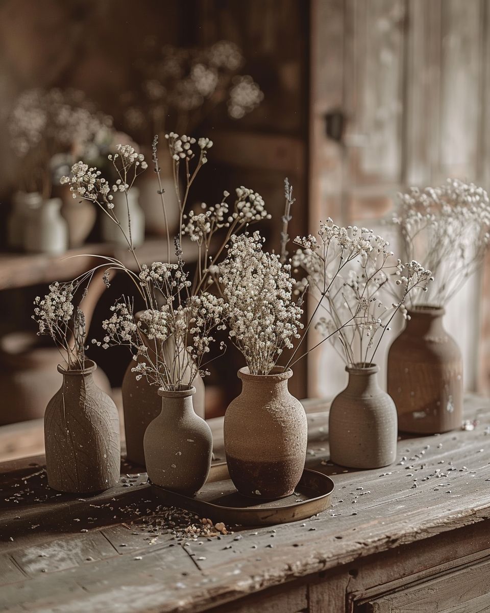 Ideen: Einrichten im Vintage-Stil- Arrangiere Vasen mit getrockneten Blumen