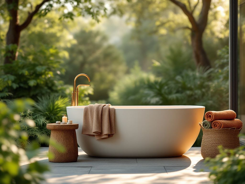 Ideen für Badewanne im Freien- Ergänze kuschelige Handtücher in Erdtönen