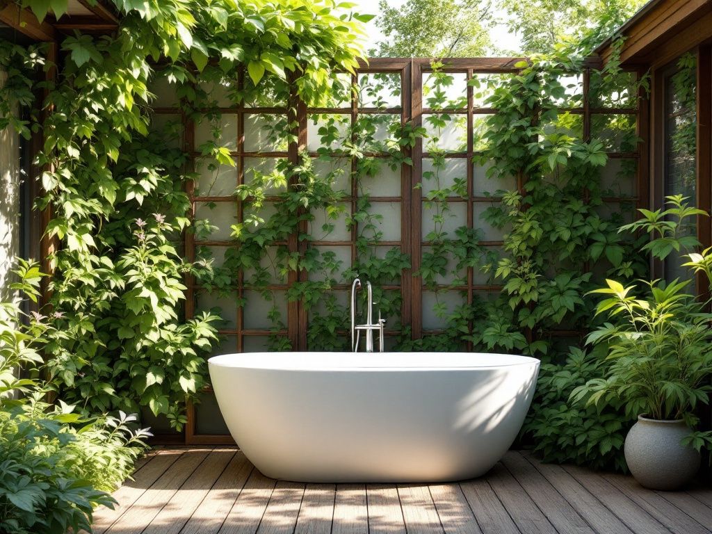 Ideen für Badewanne im Freien- Gestalte einen Sichtschutz aus Rankpflanzen