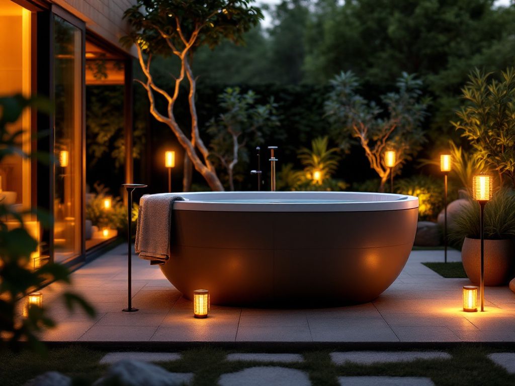 Ideen für Badewanne im Freien- Installiere warmes Stimmungslicht mit Solarlampen