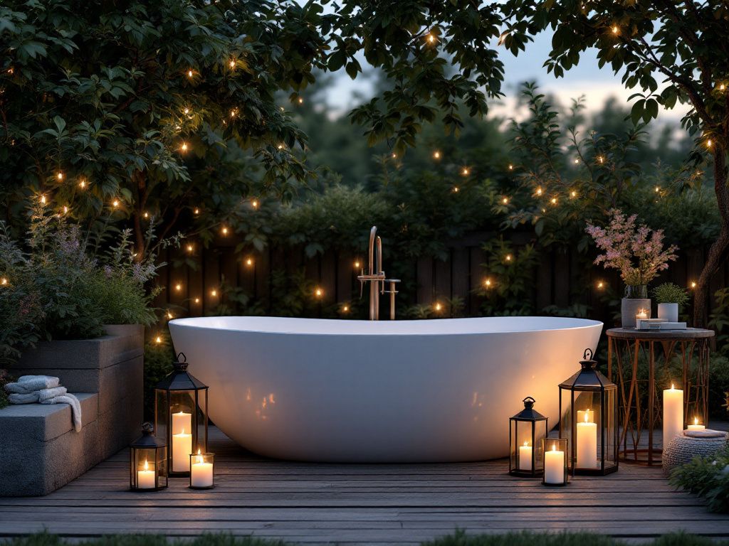 Ideen für Badewanne im Freien- Platziere Kerzenlaternen für Abendromantik