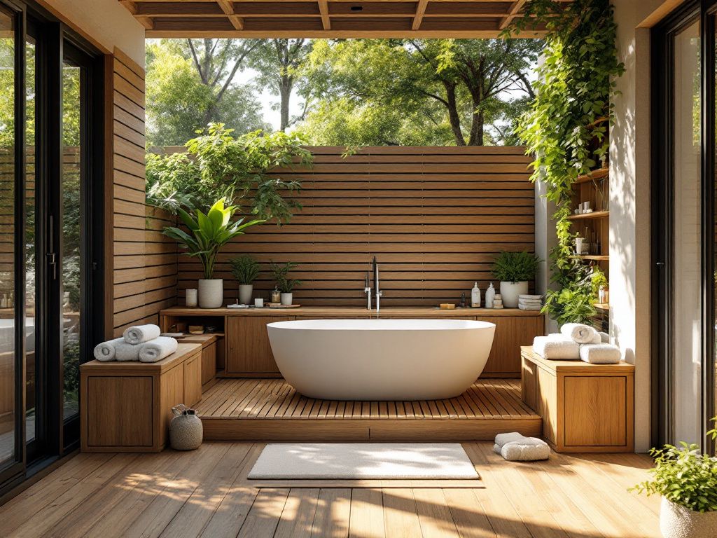 Ideen für Badewanne im Freien- Verwende Naturholz für Regale und Ablagen
