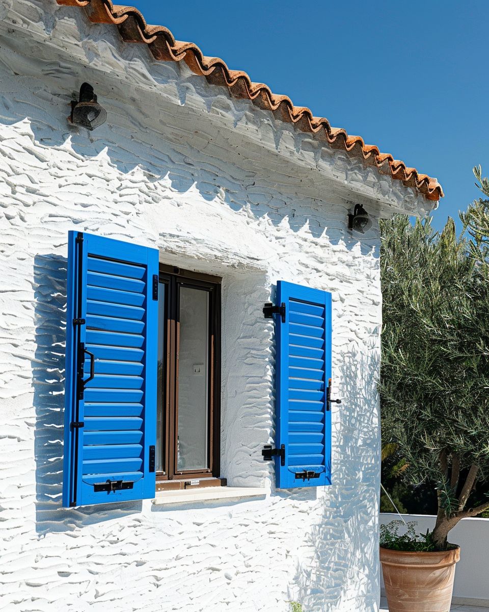 Mediterraner Einrichtungsstil- Rahmen Fenster mit blauen Holzläden ein